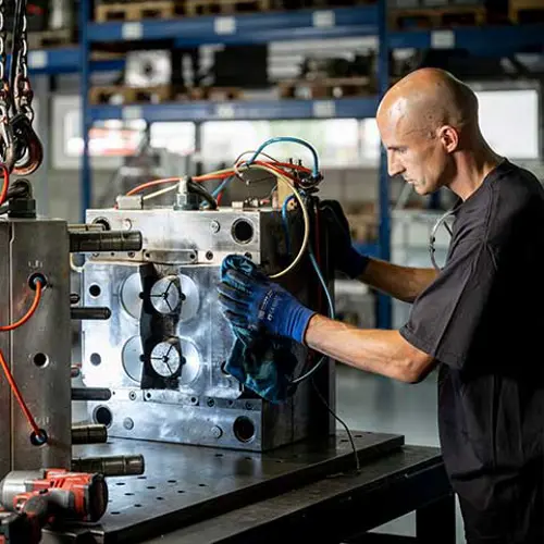 Kỹ thuật viên đeo găng kiểm tra một bộ khuôn tại bàn thao tác