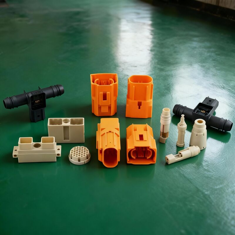 Các vỏ đầu nối và phụ kiện nhựa kỹ thuật màu cam, trắng và đen
